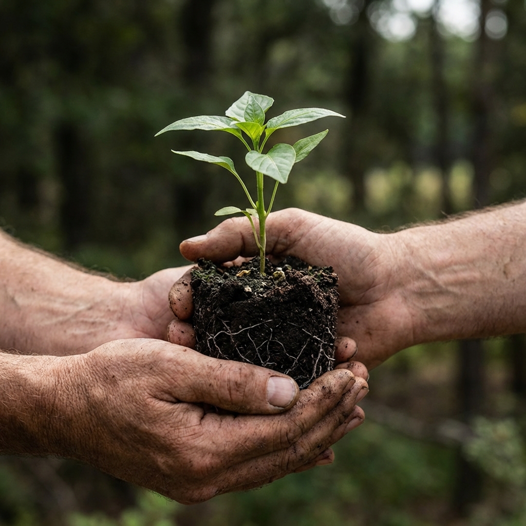 Hands holding plant seedling