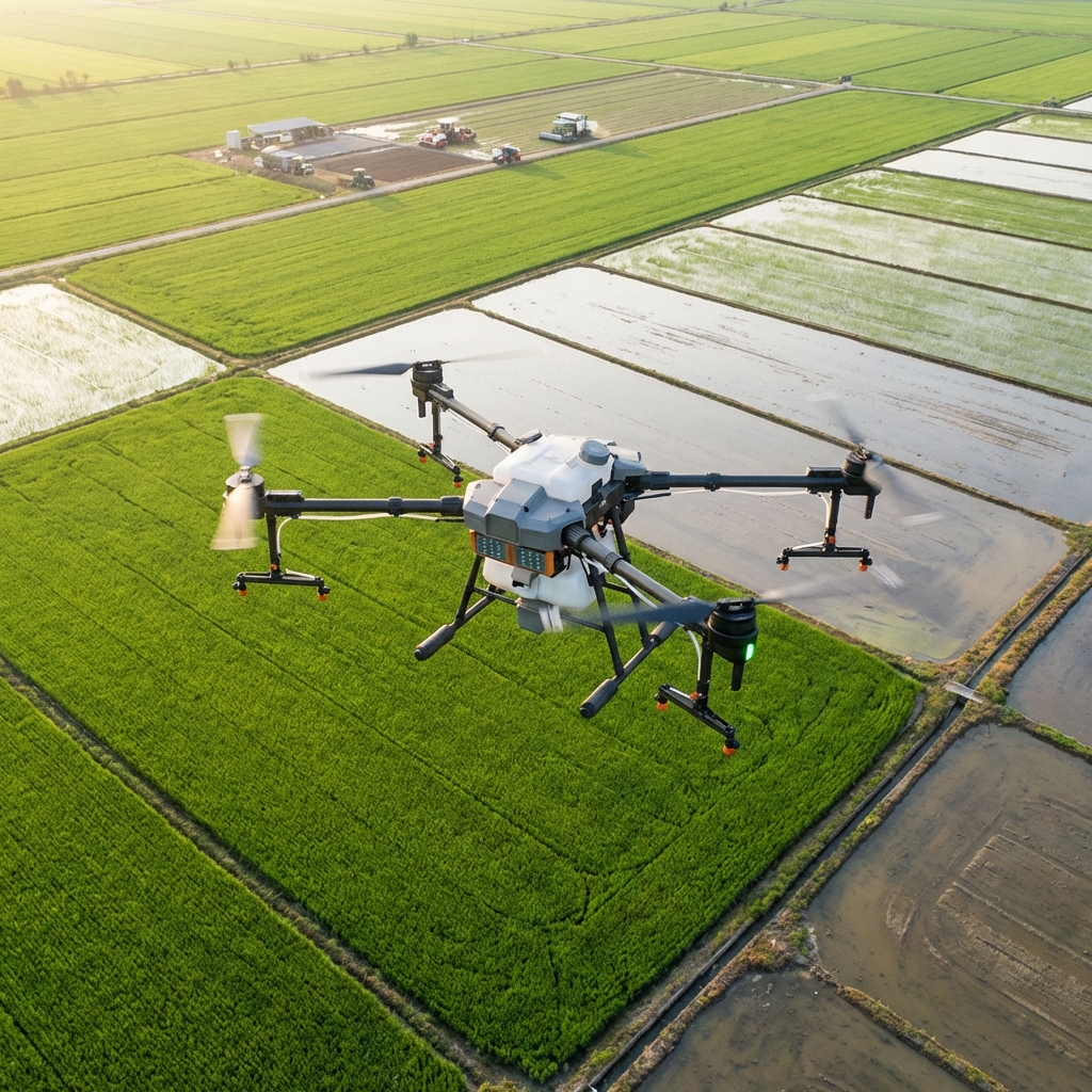 Agriculture drone flying over farm field